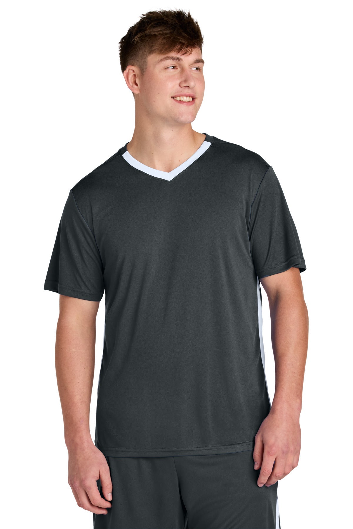Front View of IrGy/White Sport-Tek Competitor United V-Neck ST101