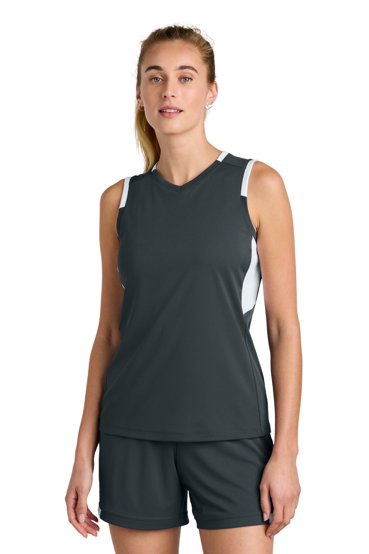 Front View of IrGy/White Sport-Tek Women's Club Sleeveless V-Neck LST441
