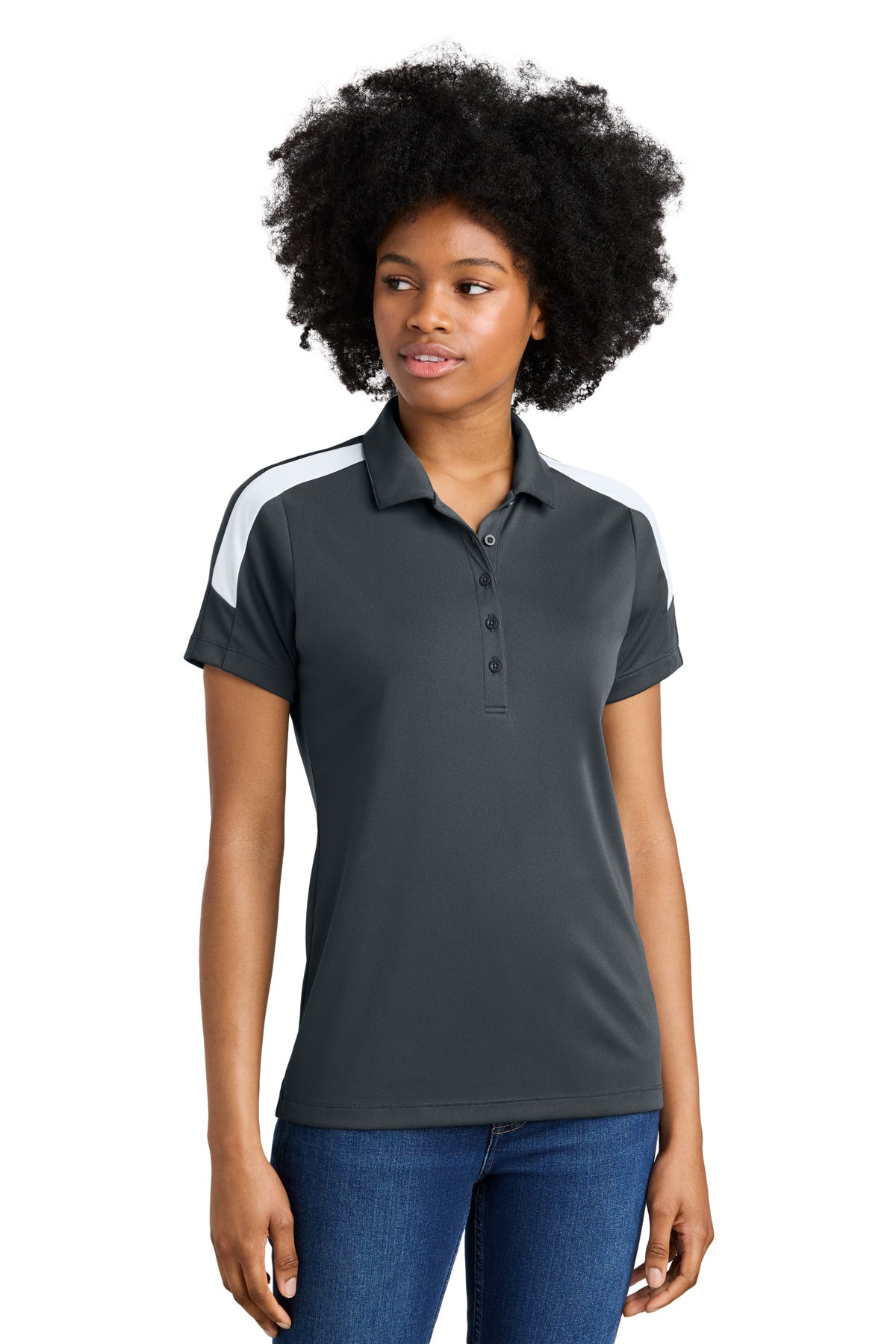 Front View of IrGy/White Sport-Tek Women's Competitor United Polo LST104