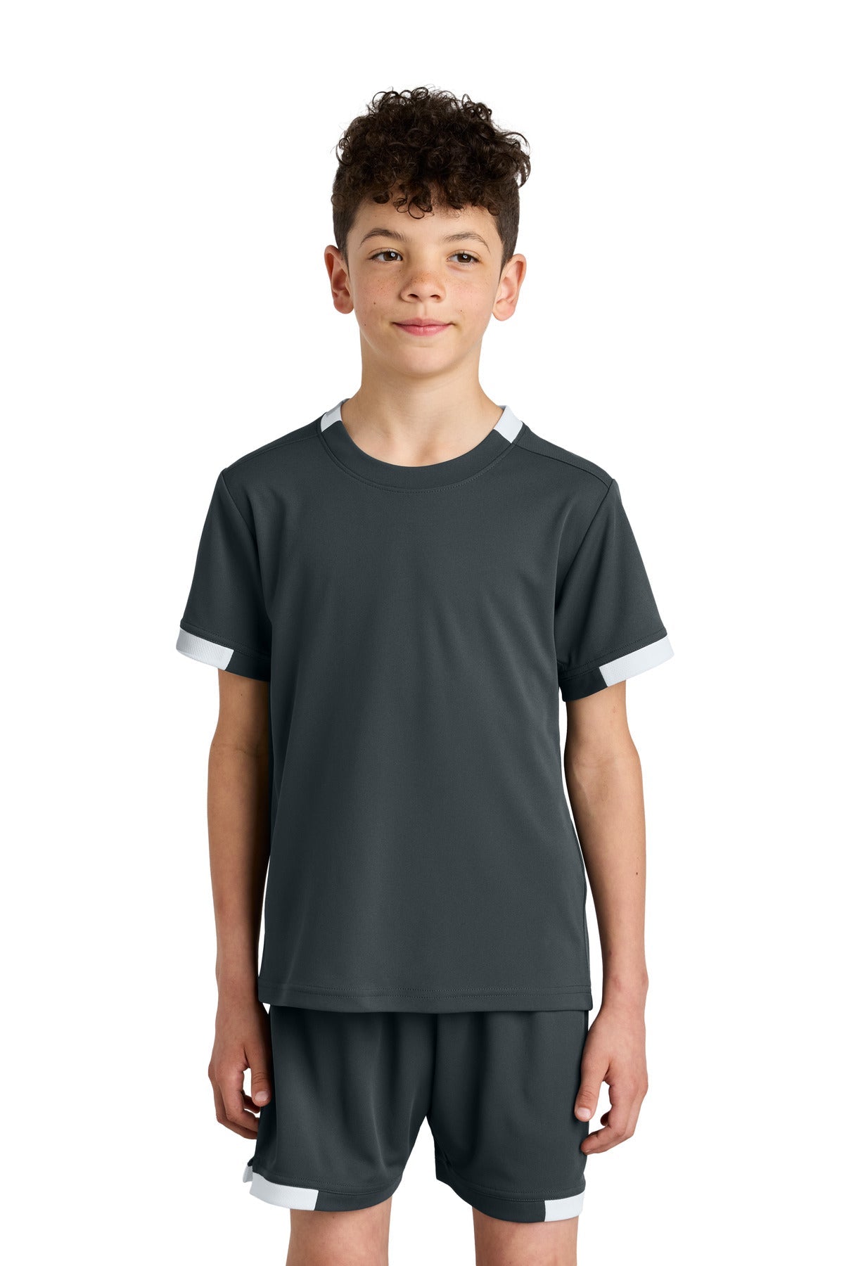 Front View of IrGy/White Sport-Tek Youth Club Short Sleeve Crew YST440