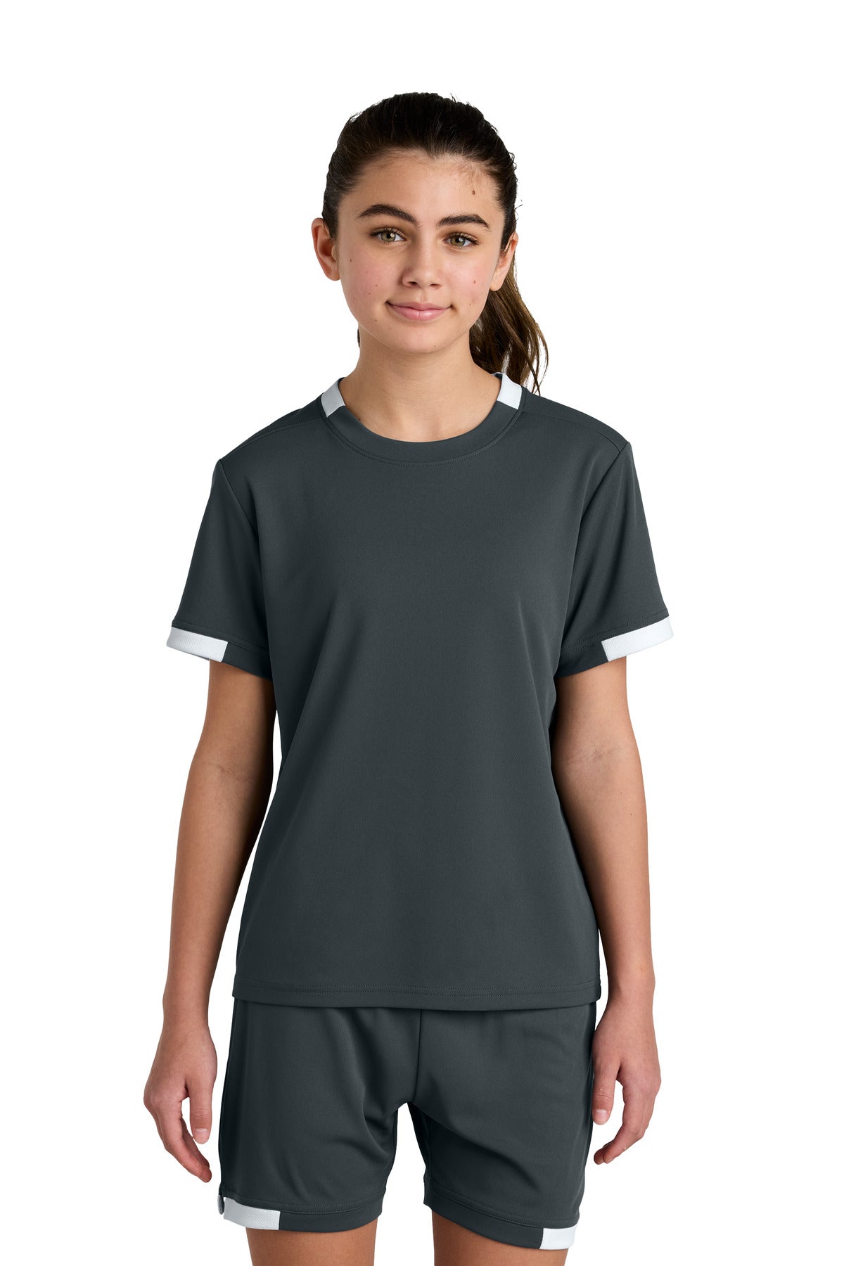 Front View of IrGy/White Sport-Tek Youth Club Short Sleeve Crew YST440