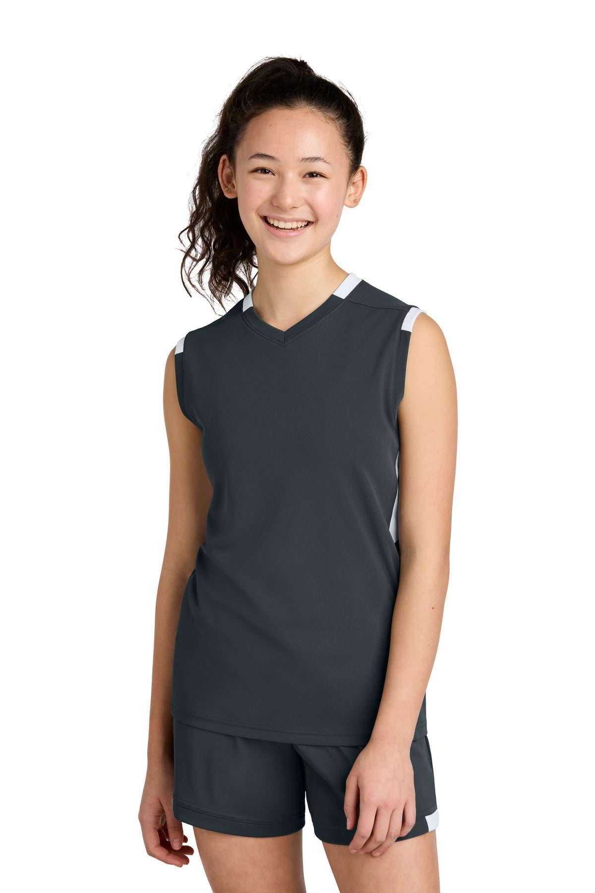 Front View of IrGy/White Sport-Tek Youth Club Sleeveless V-Neck YST441