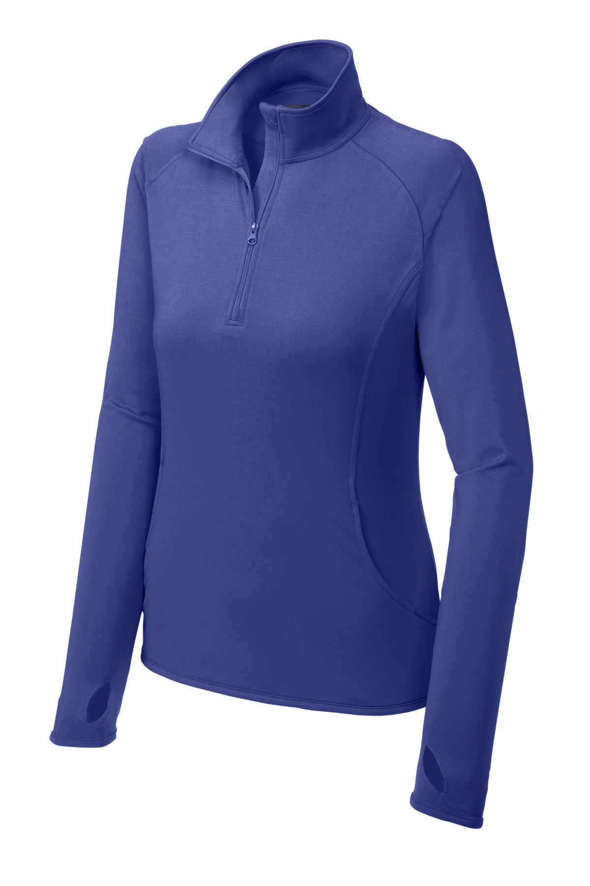 Front View of Iris Purple Sport-Tek Women's Sport-Wick Stretch 1/4-Zip Pullover. LST850