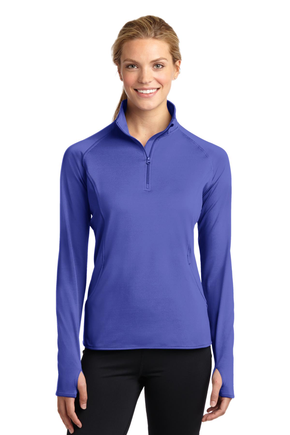Front View of Iris Purple Sport-Tek Women's Sport-Wick Stretch 1/4-Zip Pullover. LST850