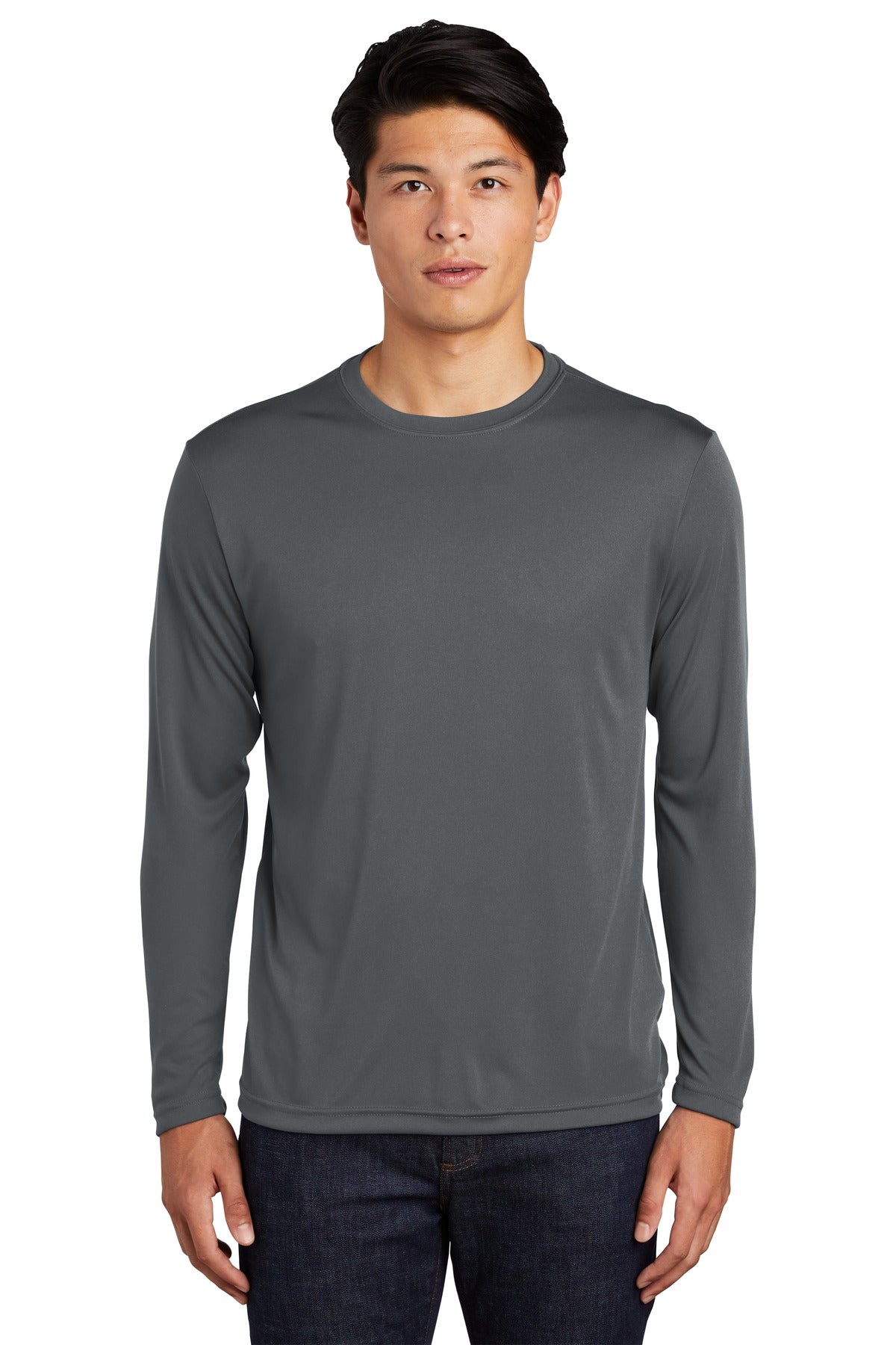 Front View of Iron Grey Sport-Tek Long Sleeve PosiCharge Competitor Tee. ST350LS