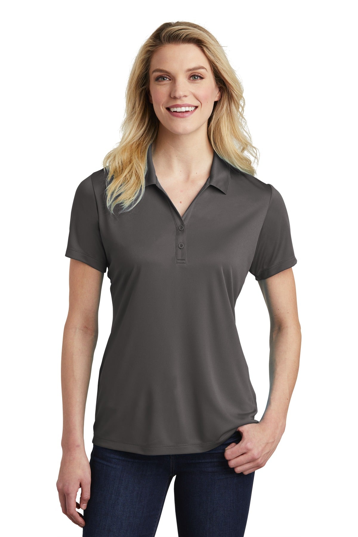 Front View of Iron Grey Sport-Tek Women's PosiCharge Competitor Polo. LST550
