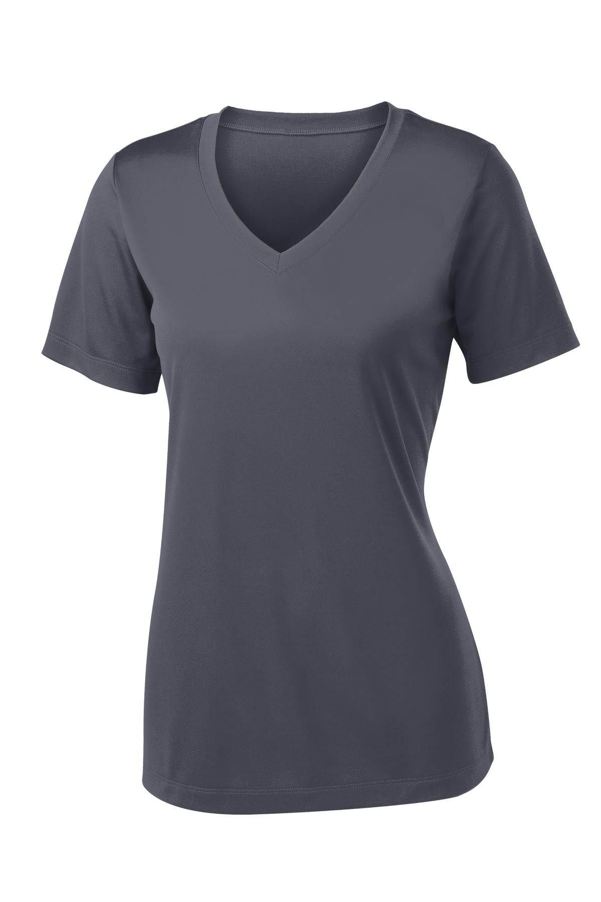 Front View of Iron Grey Sport-Tek Women's PosiCharge Competitor V-Neck Tee. LST353
