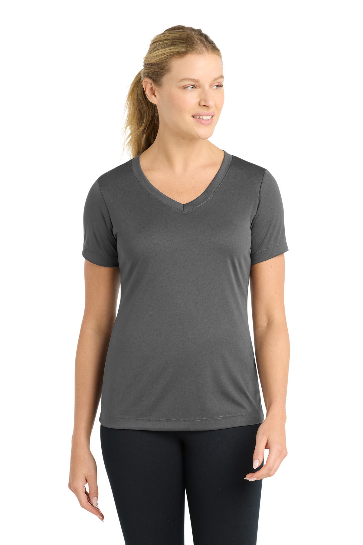 Front View of Iron Grey Sport-Tek Women's PosiCharge Competitor V-Neck Tee. LST353