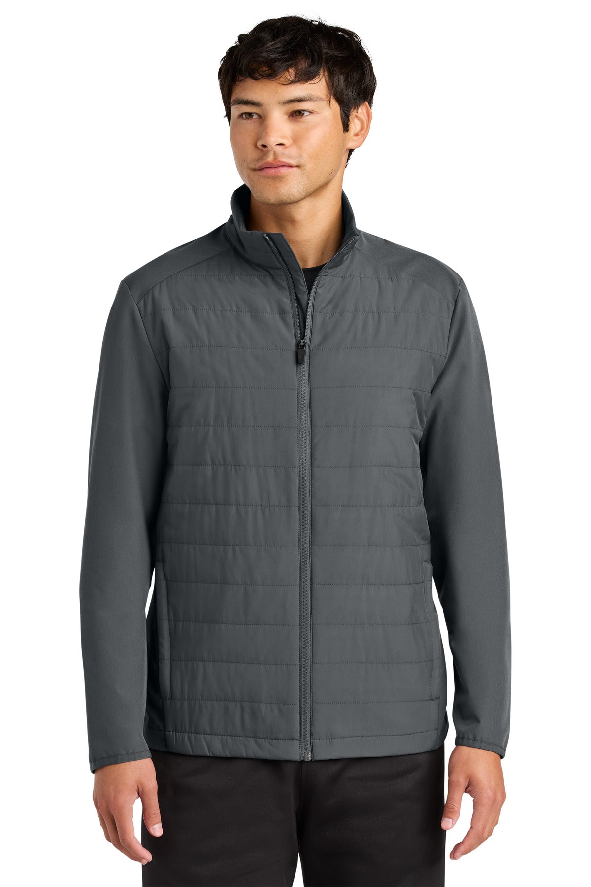 Front View of IronGrey Sport-Tek Teknical Hybrid Jacket ST940