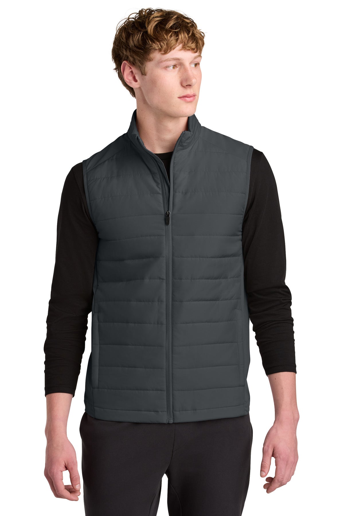 Front View of IronGrey Sport-Tek Teknical Hybrid Vest ST941
