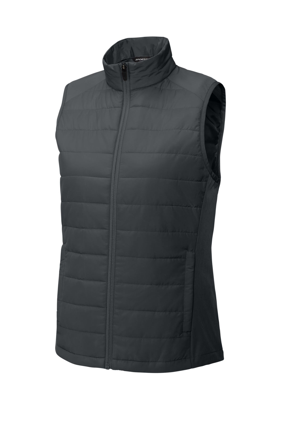 Front View of IronGrey Sport-Tek Women's Teknical Hybrid Vest LST941