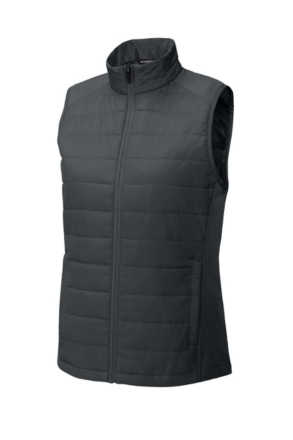 Front View of IronGrey Sport-Tek Women's Teknical Hybrid Vest LST941