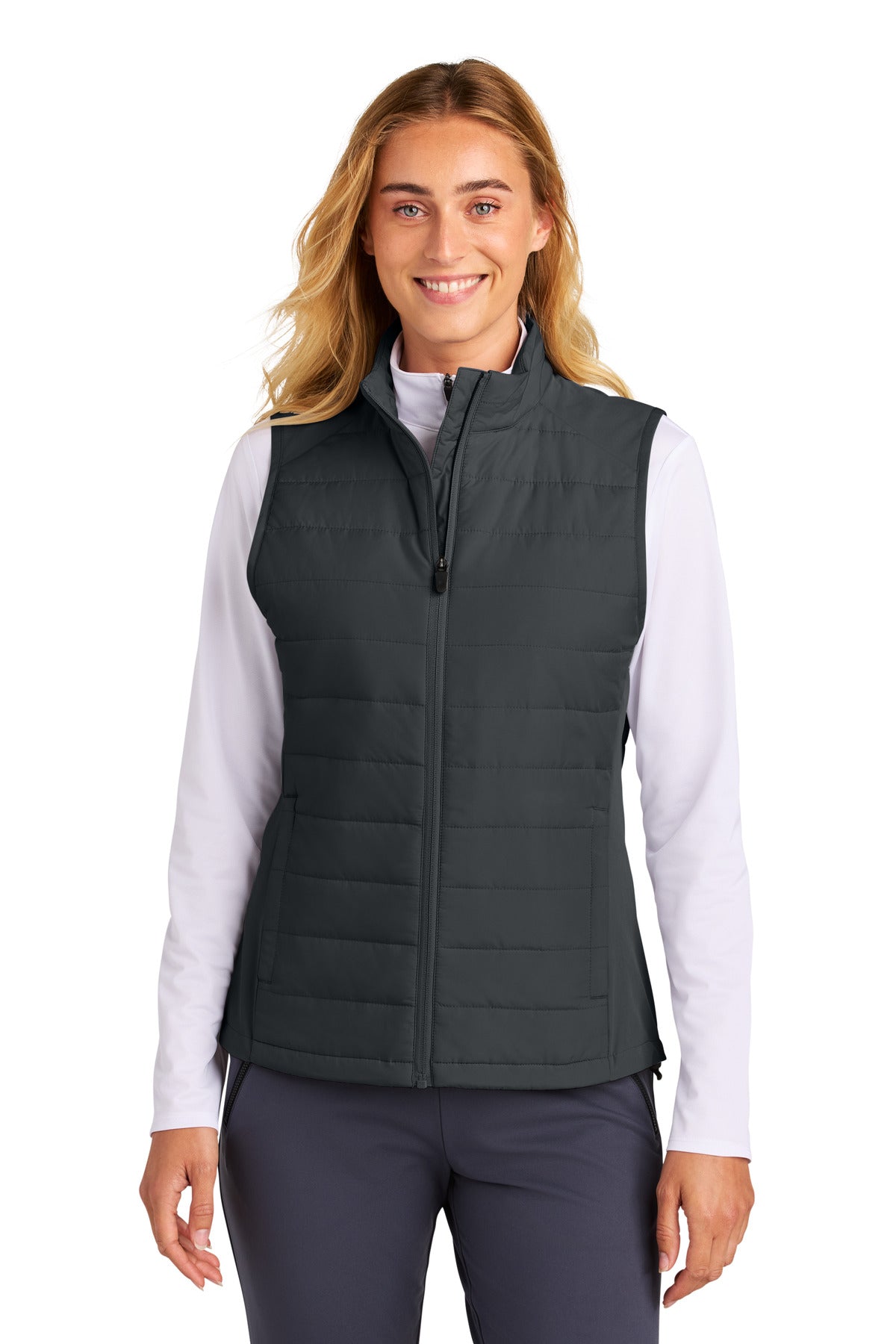 Front View of IronGrey Sport-Tek Women's Teknical Hybrid Vest LST941