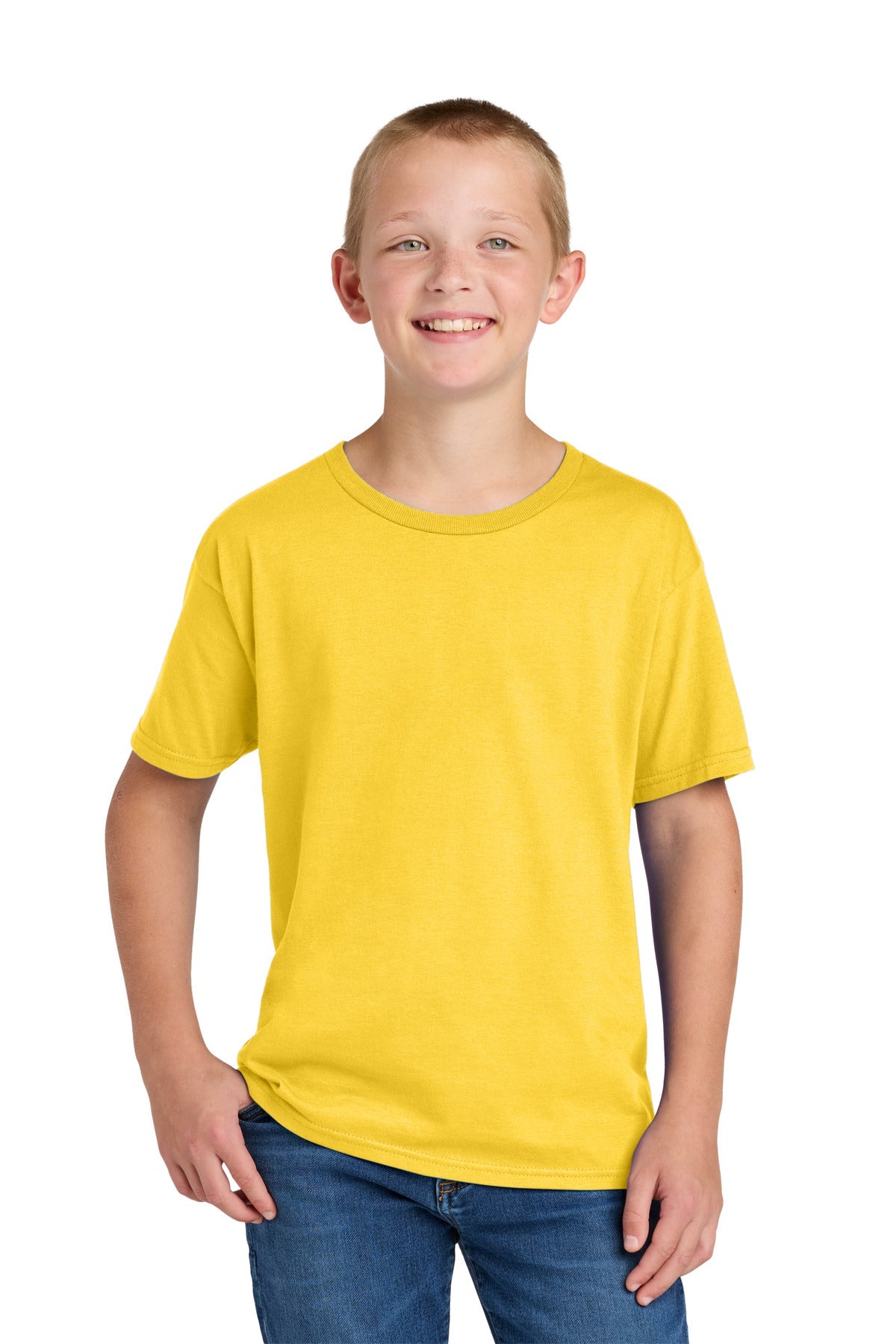 Front View of IslandYllw Jerzees Ultimate Youth Ring Spun T-Shirt IC46B
