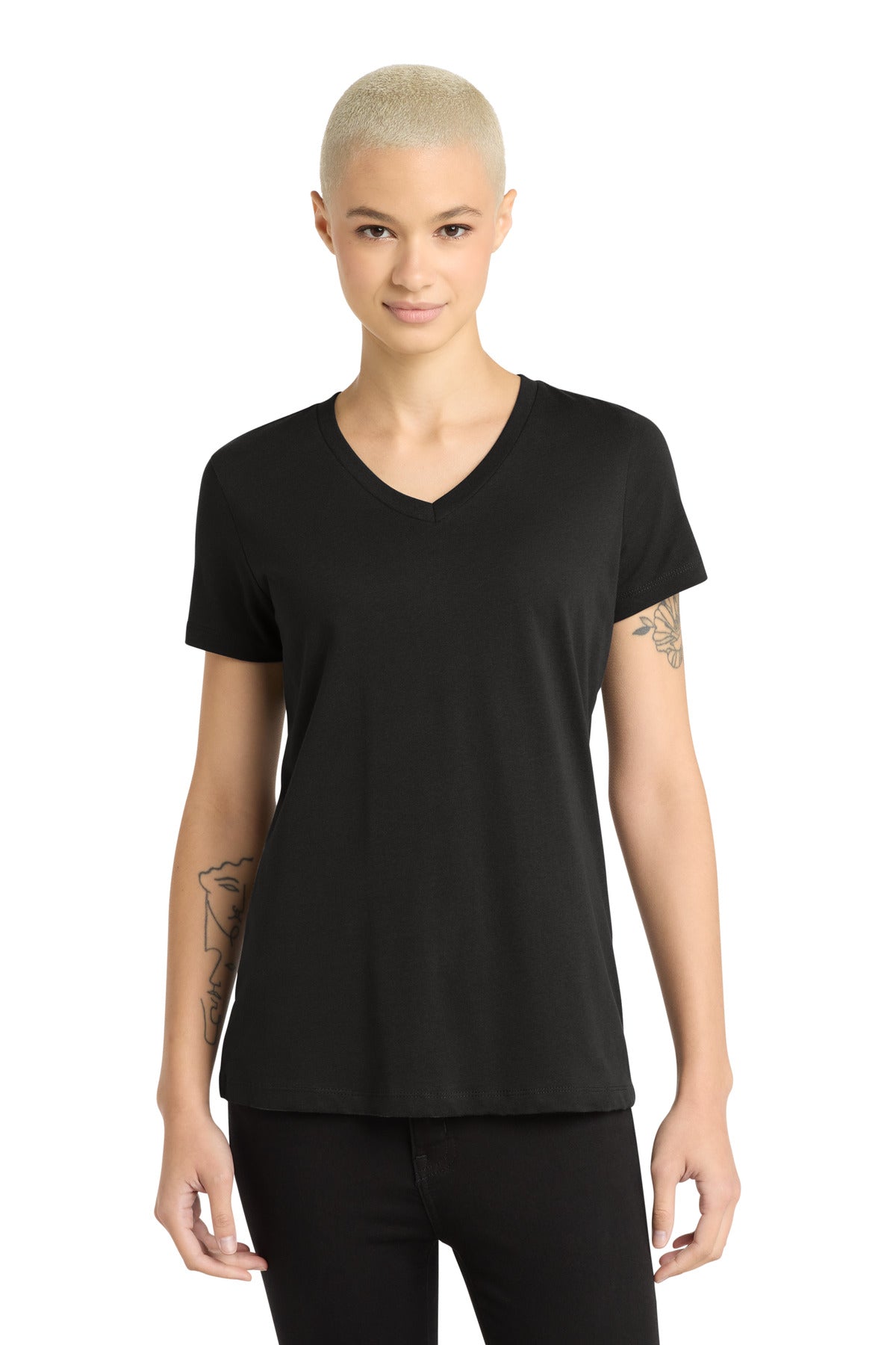 Front View of Jet Black District - Women's Perfect Weight V-Neck Tee. DM1170L