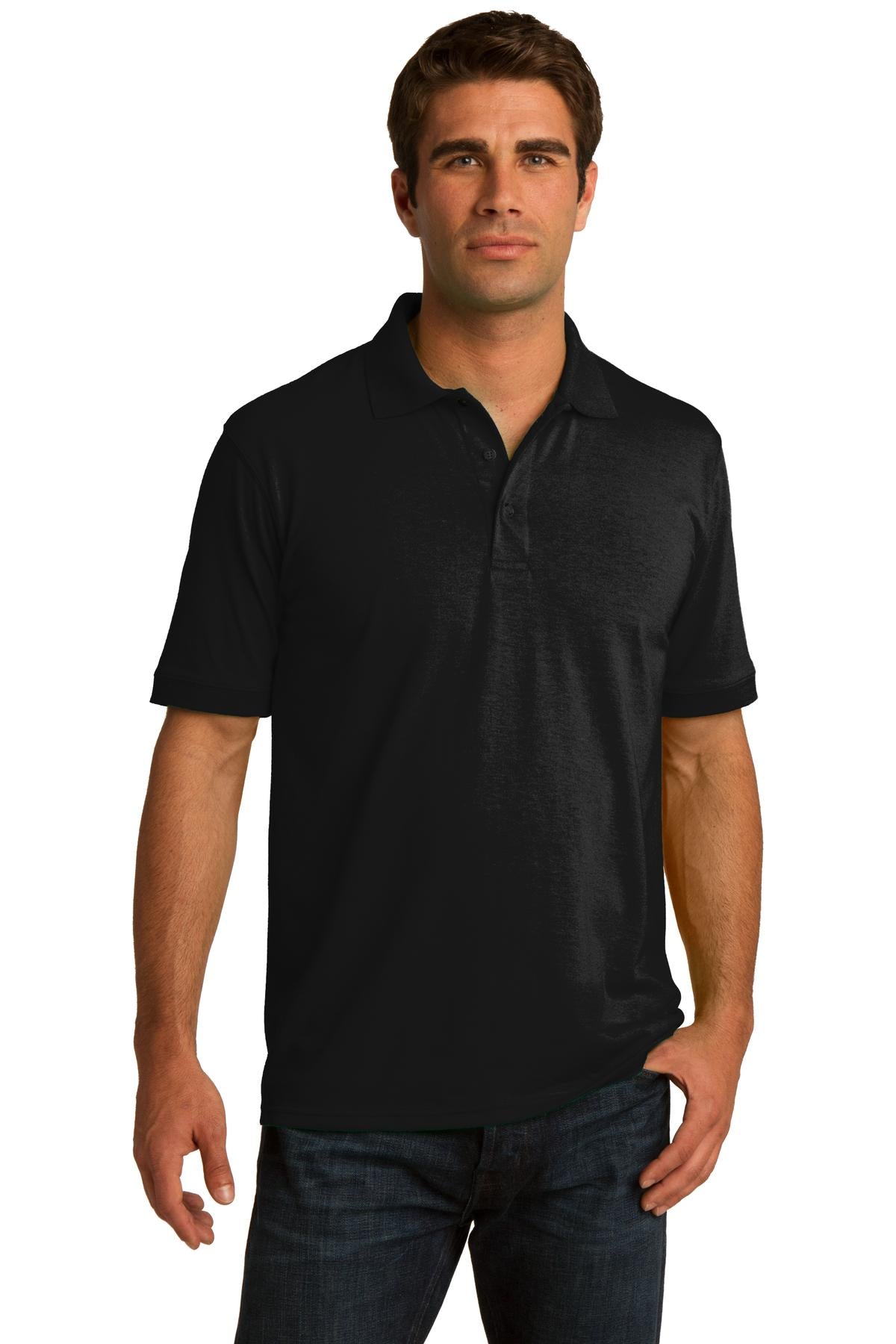 Front View of Jet Black Port & Co Core Blend Jersey Knit Polo. KP55