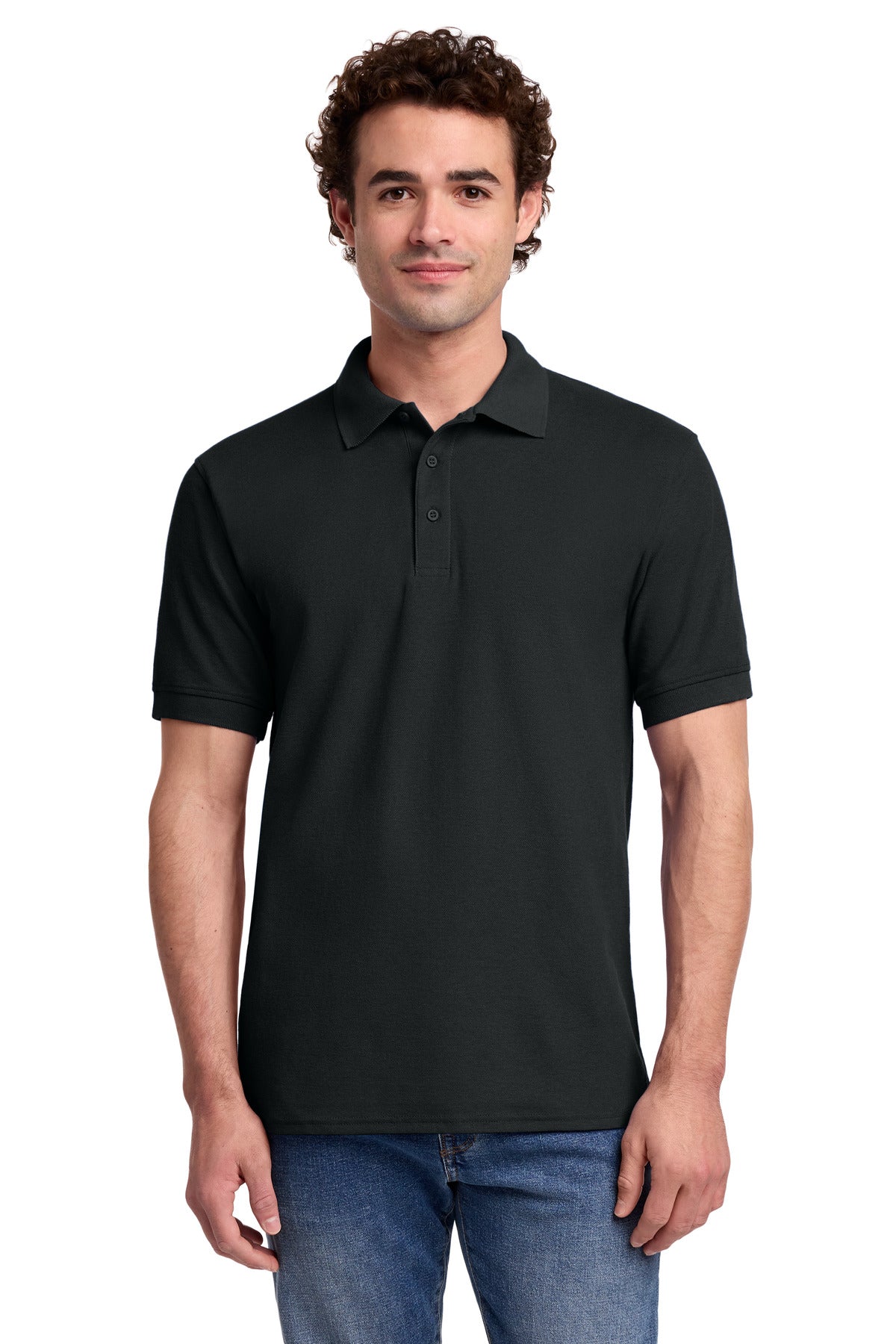 Front View of Jet Black Port & Co Core Blend Pique Polo. KP155