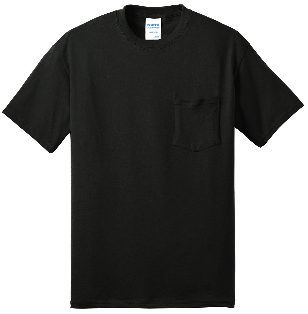 Front View of Jet Black Port & Co Core Blend Pocket Tee. PC55P