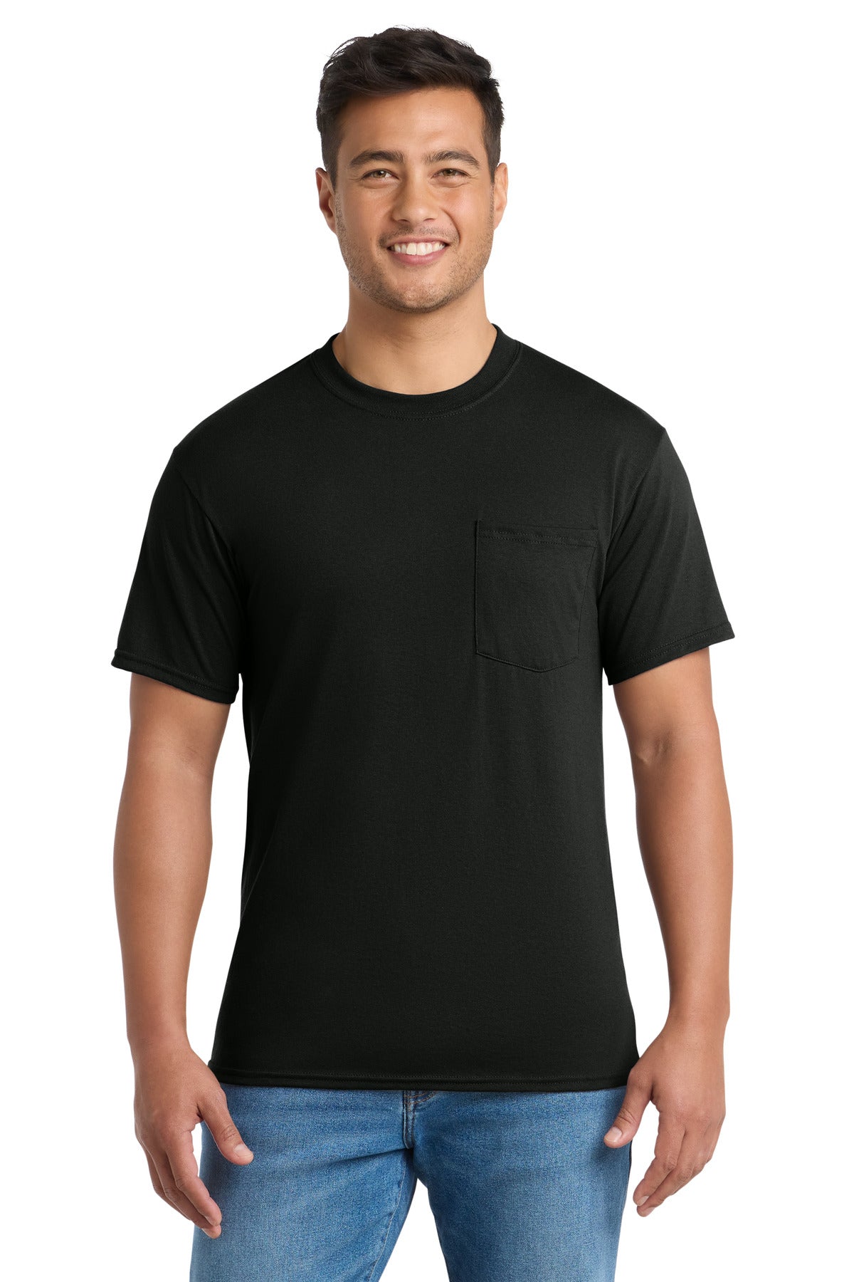 Front View of Jet Black Port & Co Core Blend Pocket Tee. PC55P