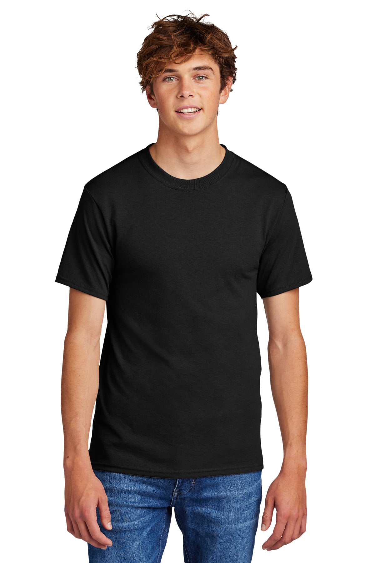Front View of Jet Black Port & Co Core Blend Tee. PC55