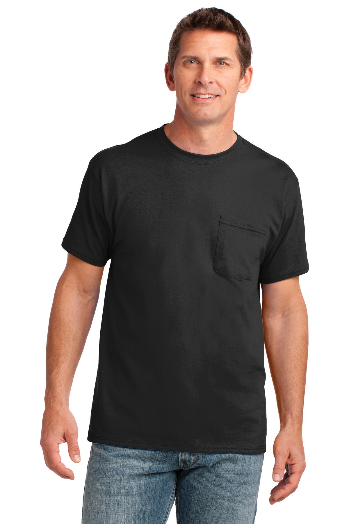Front View of Jet Black Port & Co Core Cotton Pocket Tee. PC54P