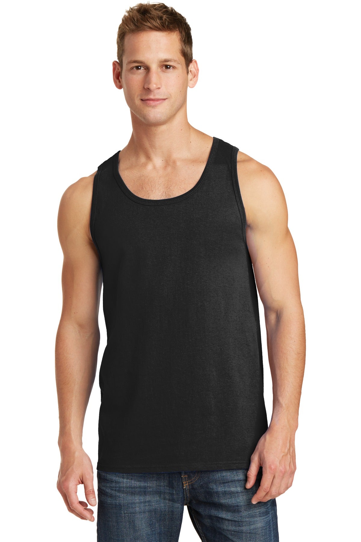 Front View of Jet Black Port & Co Core Cotton Tank Top. PC54TT