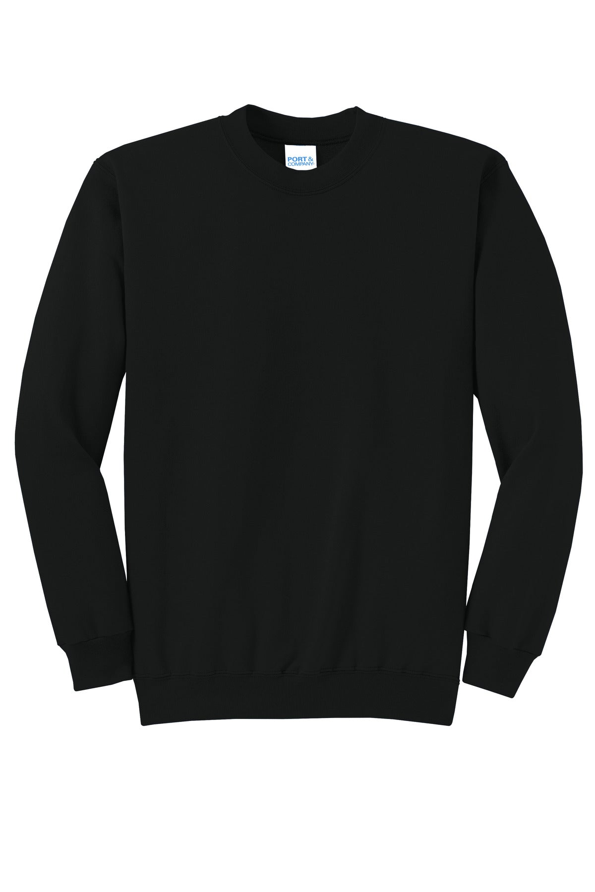 Front View of Jet Black Port & Co Core Fleece Crewneck Sweatshirt. PC78