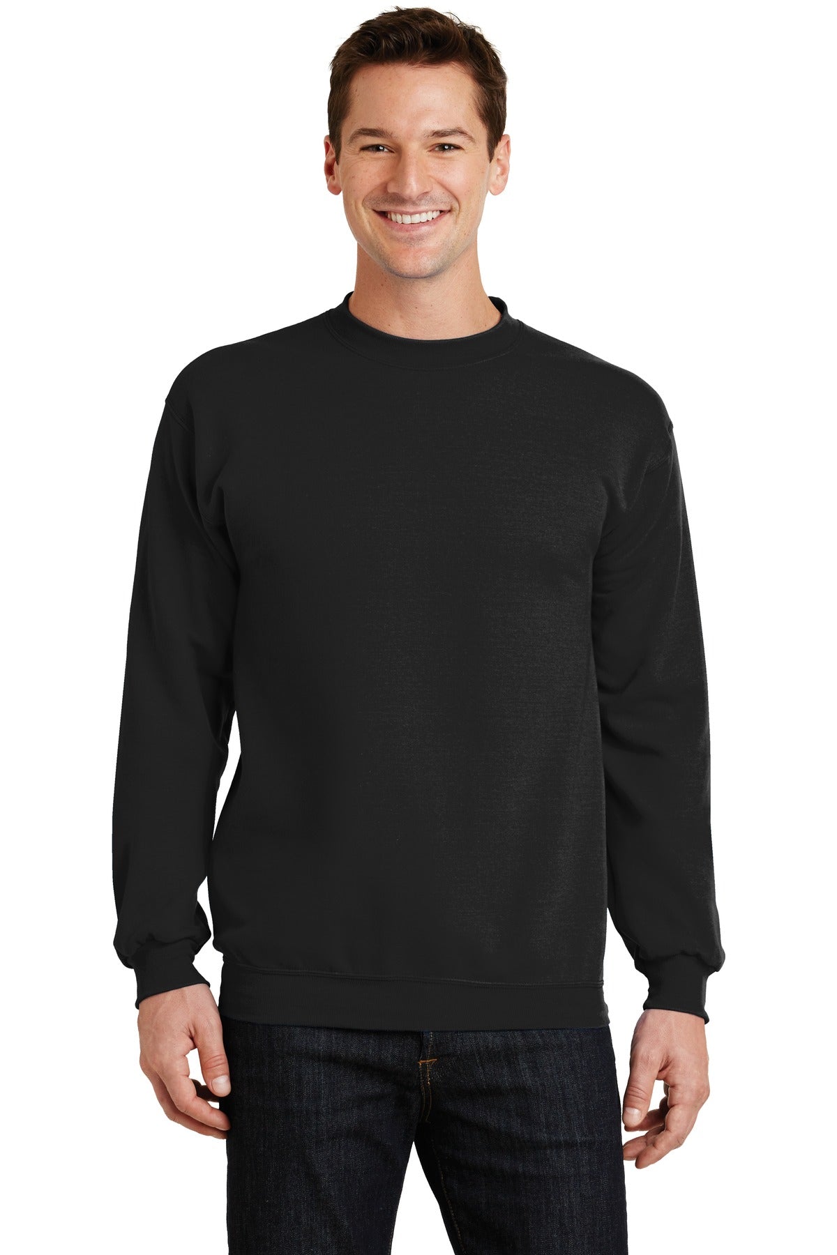 Front View of Jet Black Port & Co Core Fleece Crewneck Sweatshirt. PC78