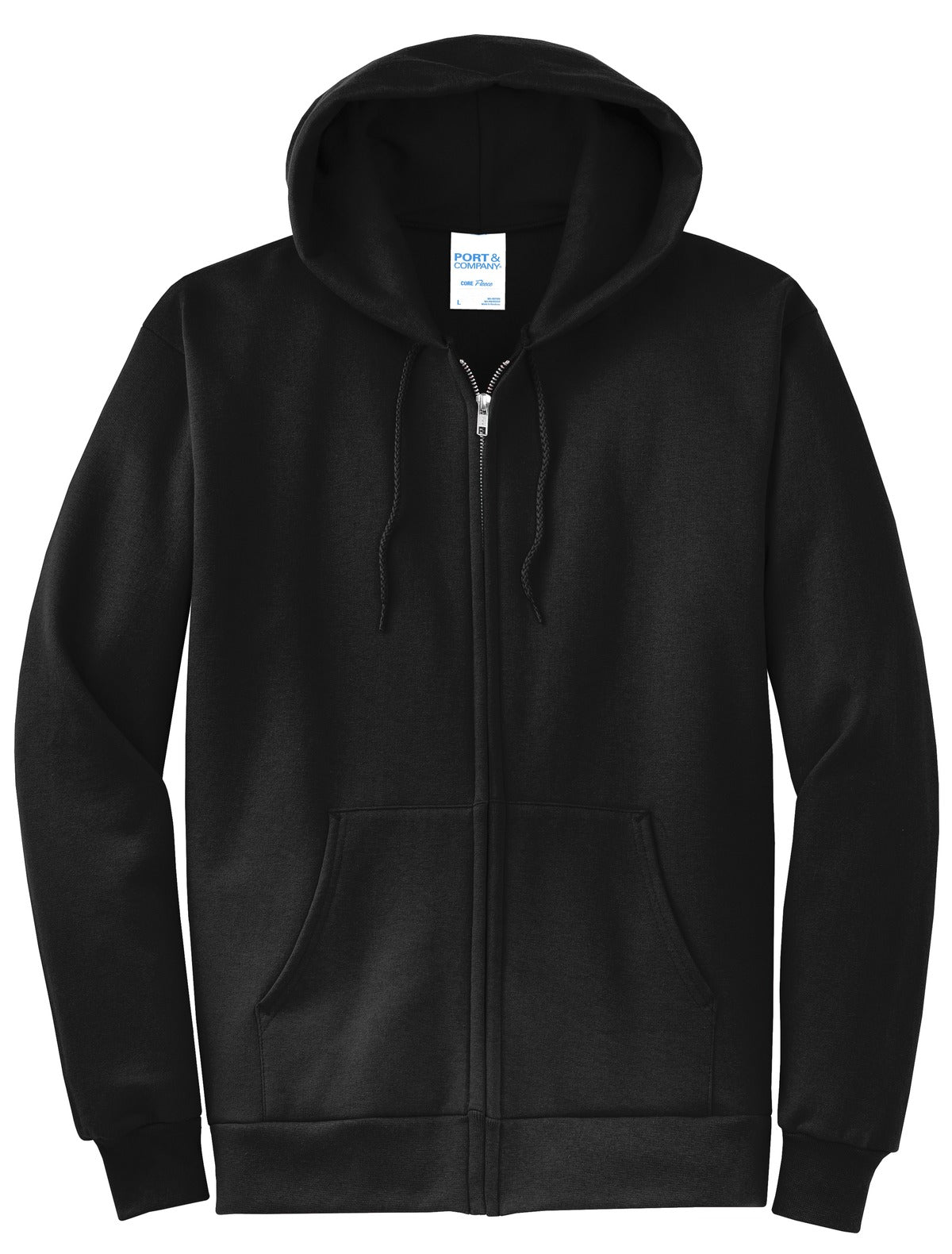 Front View of Jet Black Port & Co Core Fleece Full-Zip Hooded Sweatshirt. PC78ZH