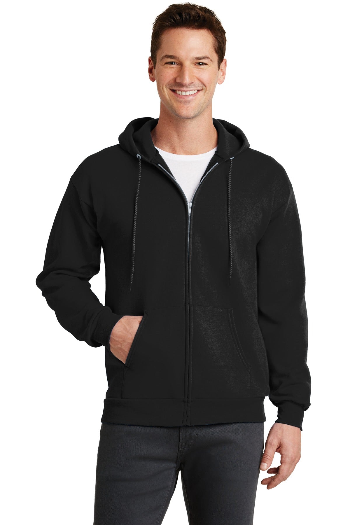 Front View of Jet Black Port & Co Core Fleece Full-Zip Hooded Sweatshirt. PC78ZH