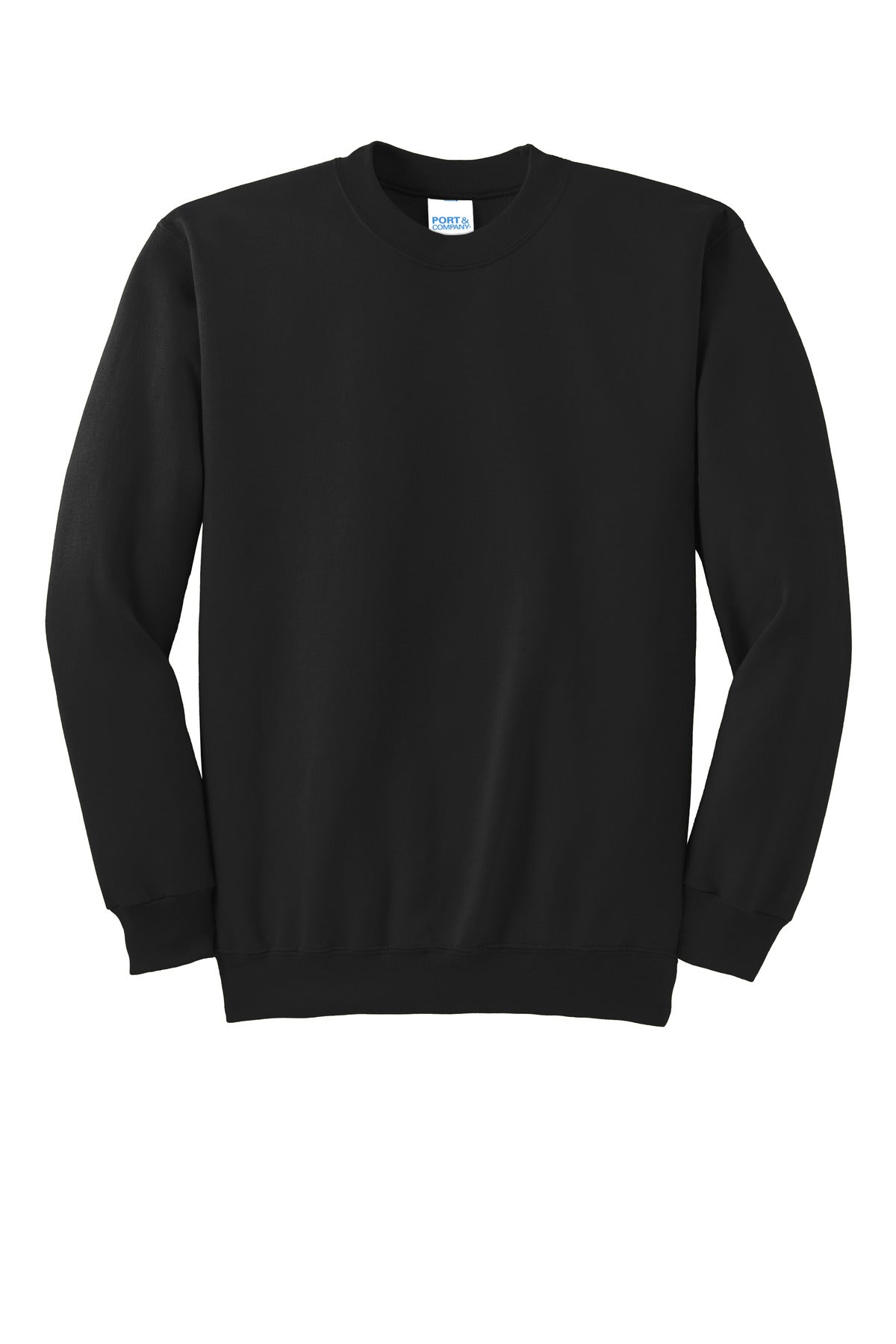 Front View of Jet Black Port & Co Essential Fleece Crewneck Sweatshirt. PC90