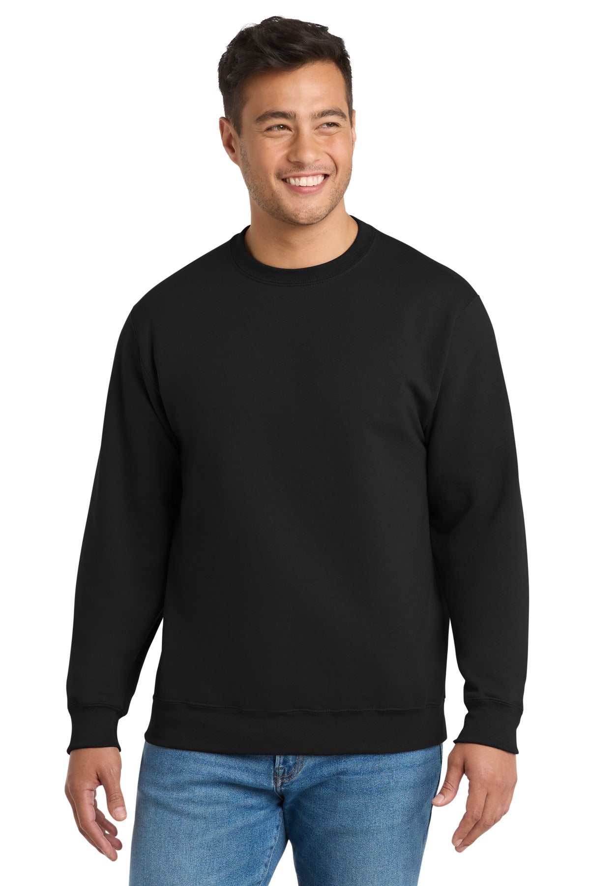 Front View of Jet Black Port & Co Essential Fleece Crewneck Sweatshirt. PC90