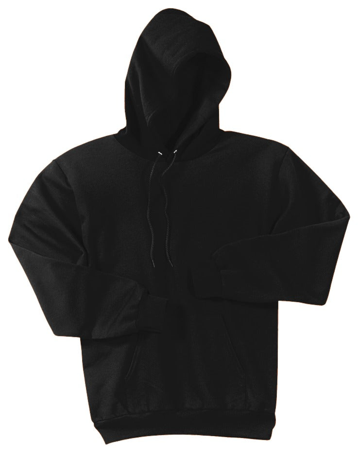 Front View of Jet Black Port & Co Essential Fleece Pullover Hooded Sweatshirt. PC90H