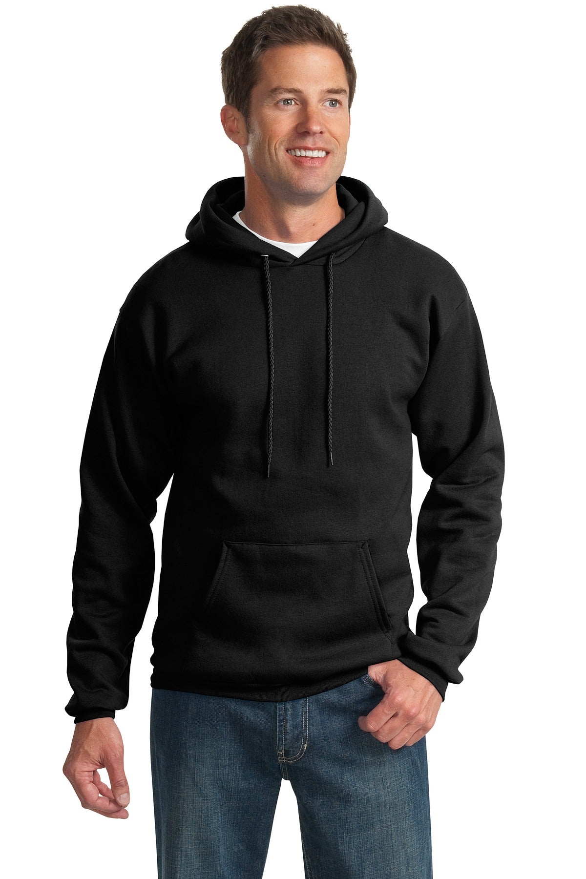 Front View of Jet Black Port & Co Essential Fleece Pullover Hooded Sweatshirt. PC90H