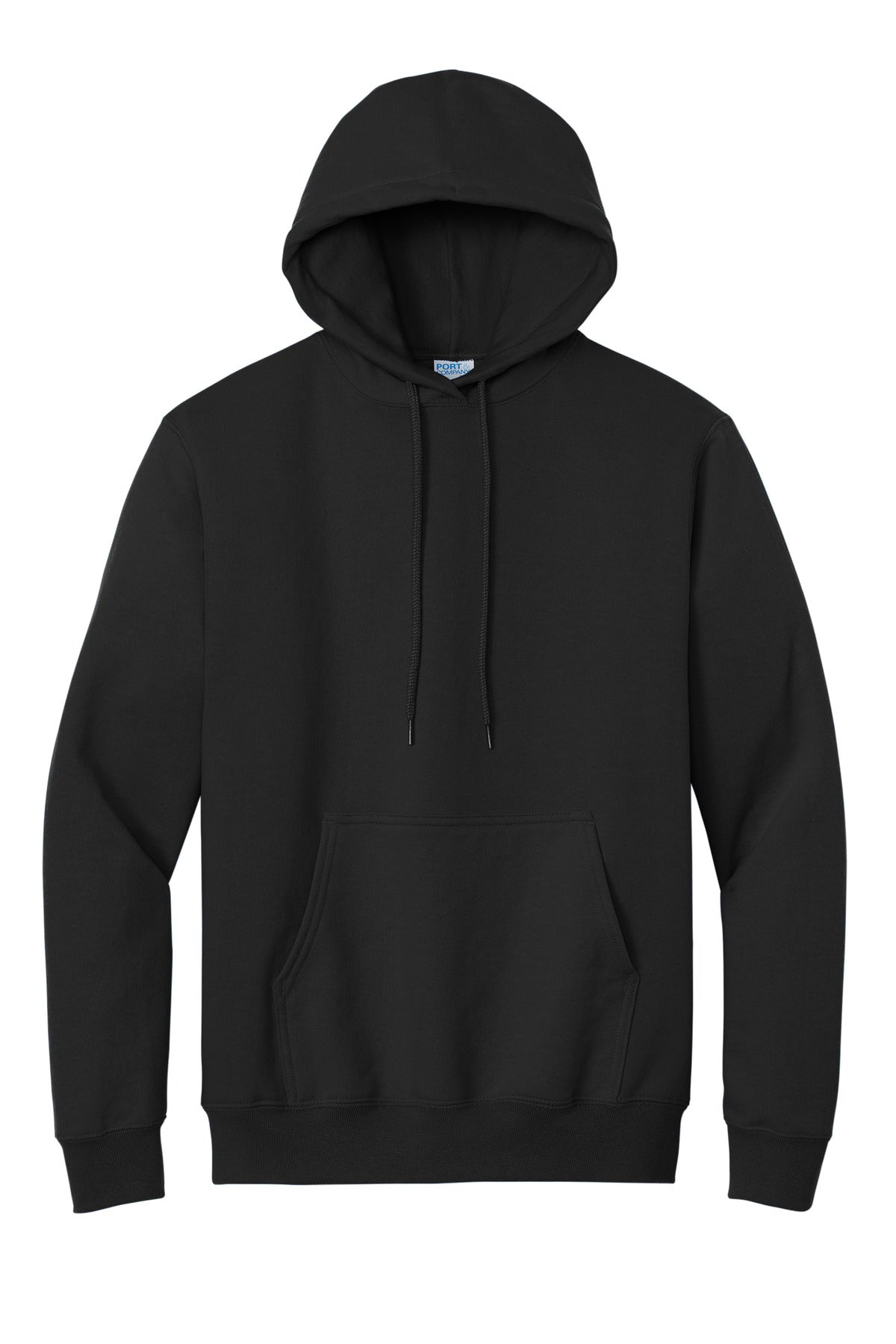 Front View of Jet Black Port & Co Essential Fleece Pullover Hooded Sweatshirt. PC90H