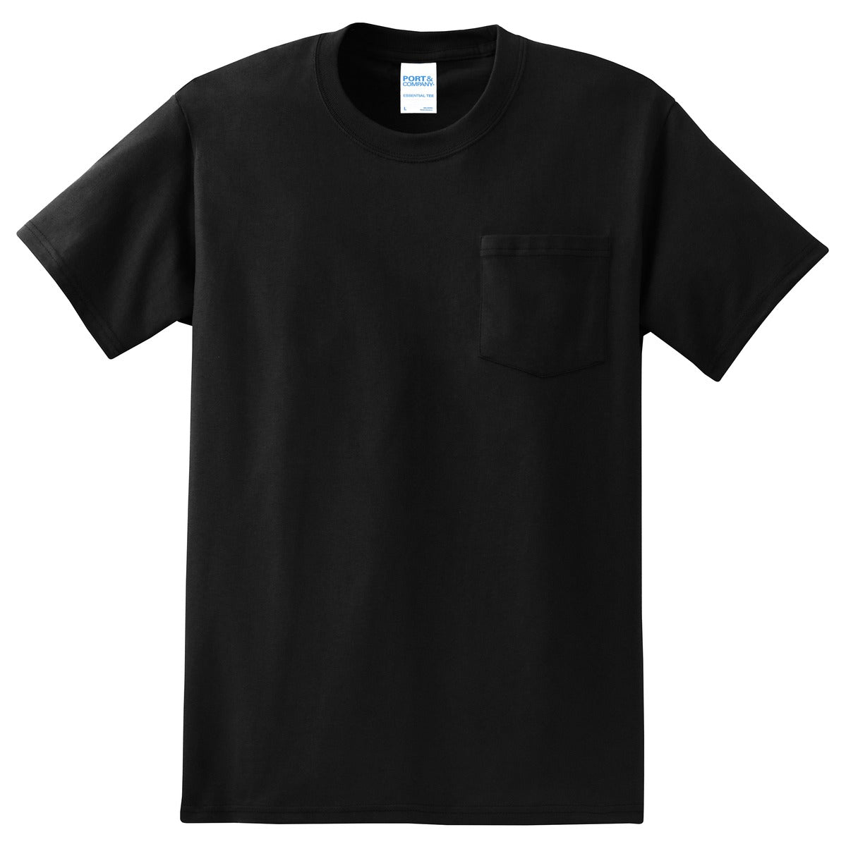 Front View of Jet Black Port & Co Essential Pocket Tee. PC61P