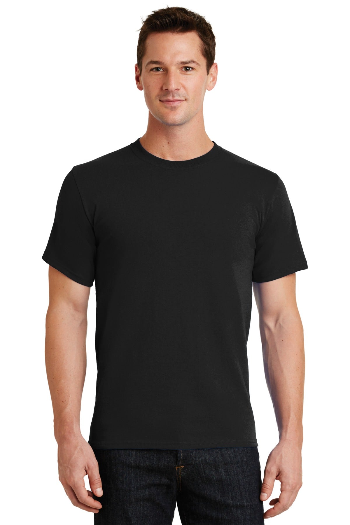 Front View of Jet Black Port & Co Essential Tee. PC61