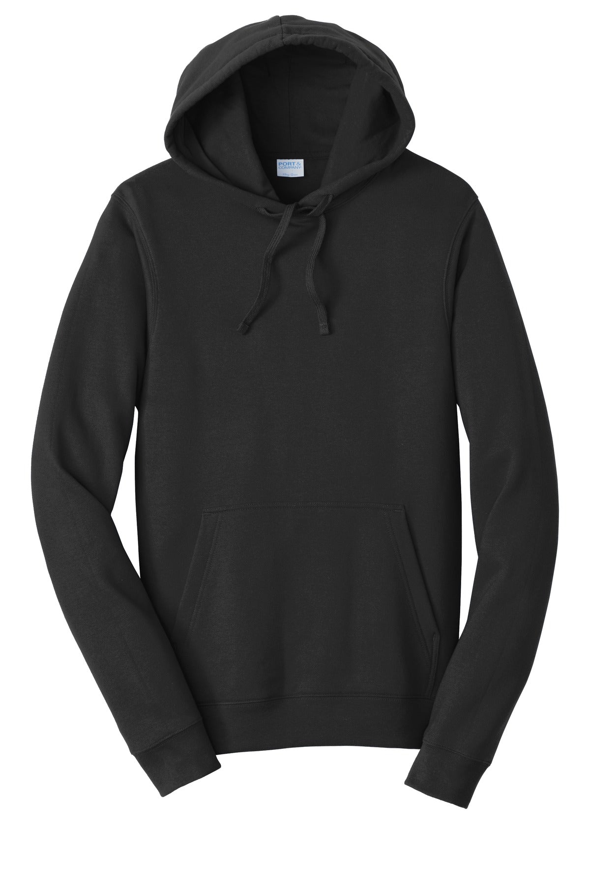 Front View of Jet Black Port & Co Fan Favorite Fleece Pullover Hooded Sweatshirt. PC850H