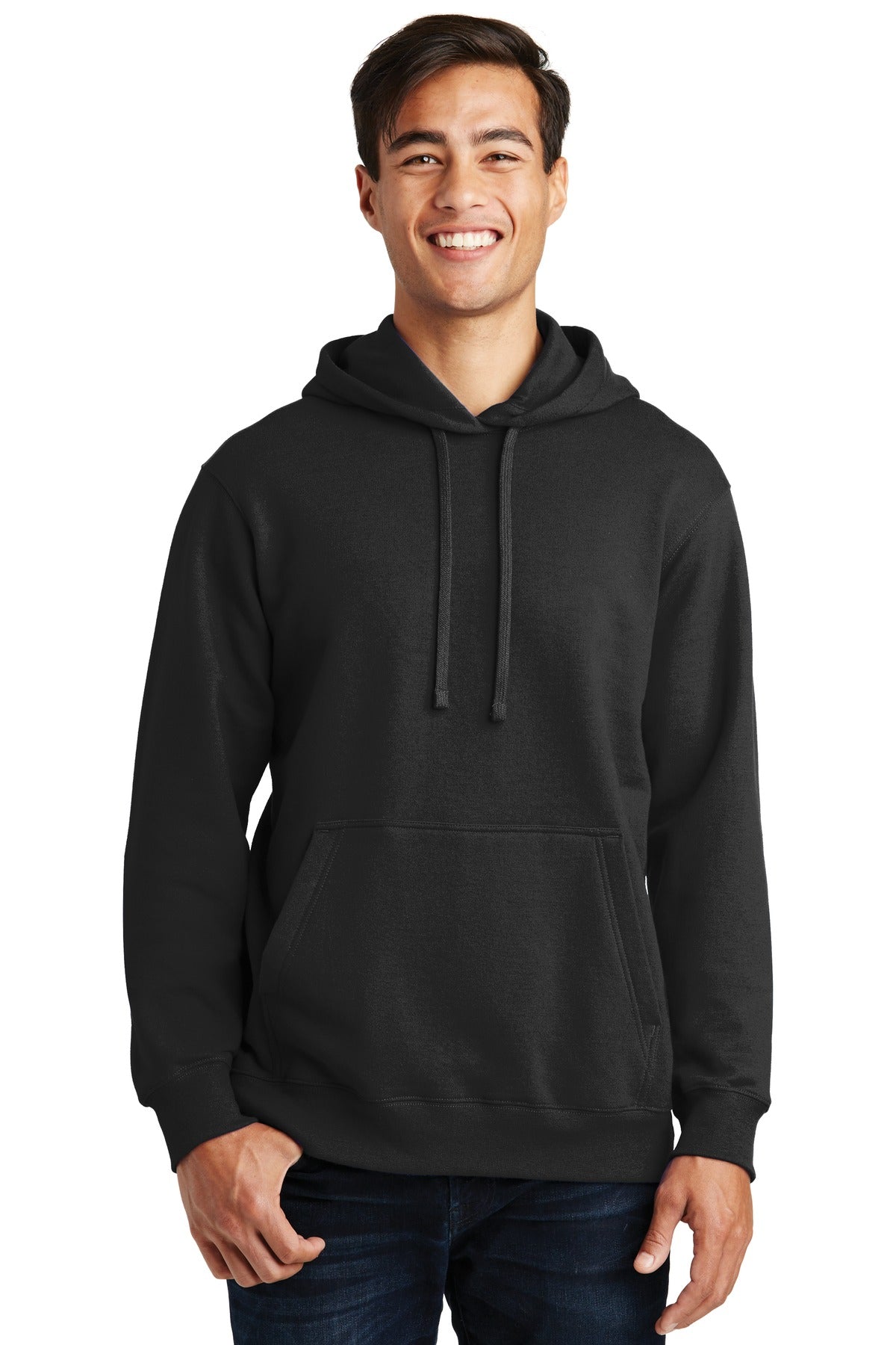 Front View of Jet Black Port & Co Fan Favorite Fleece Pullover Hooded Sweatshirt. PC850H