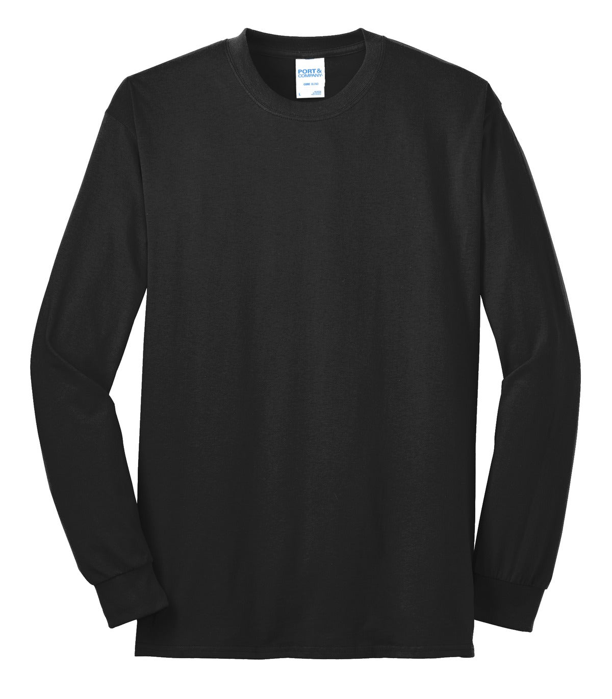 Front View of Jet Black Port & Co Long Sleeve Core Blend Tee. PC55LS