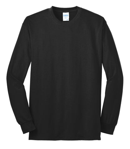 Front View of Jet Black Port & Co Long Sleeve Core Blend Tee. PC55LS