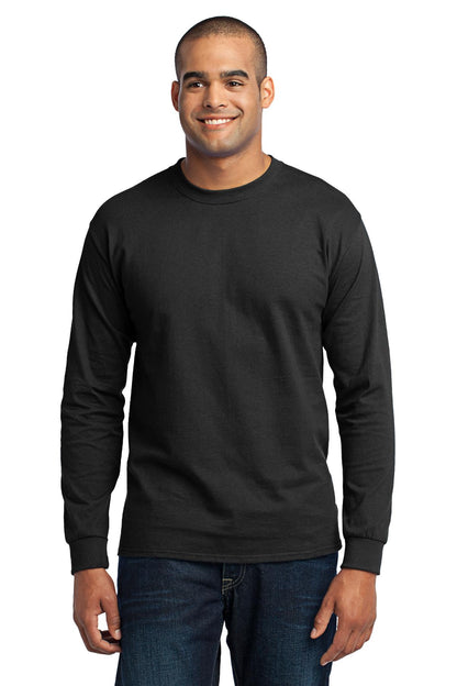 Front View of Jet Black Port & Co Long Sleeve Core Blend Tee. PC55LS