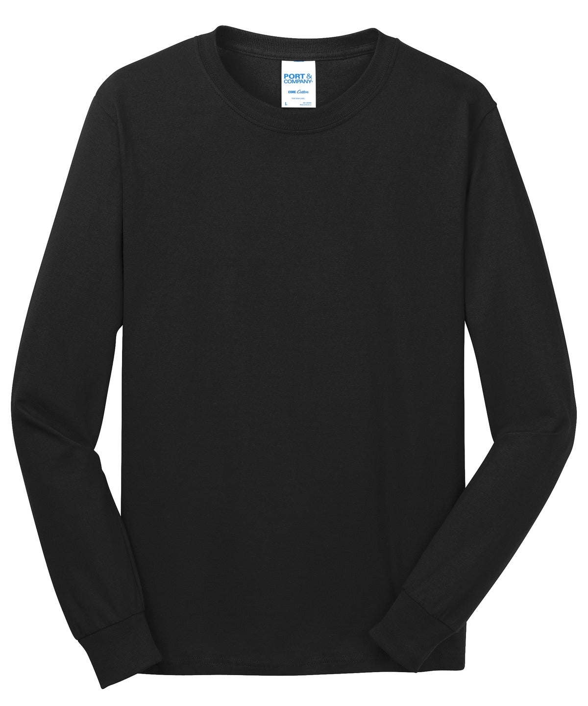 Front View of Jet Black Port & Co Long Sleeve Core Cotton Tee. PC54LS
