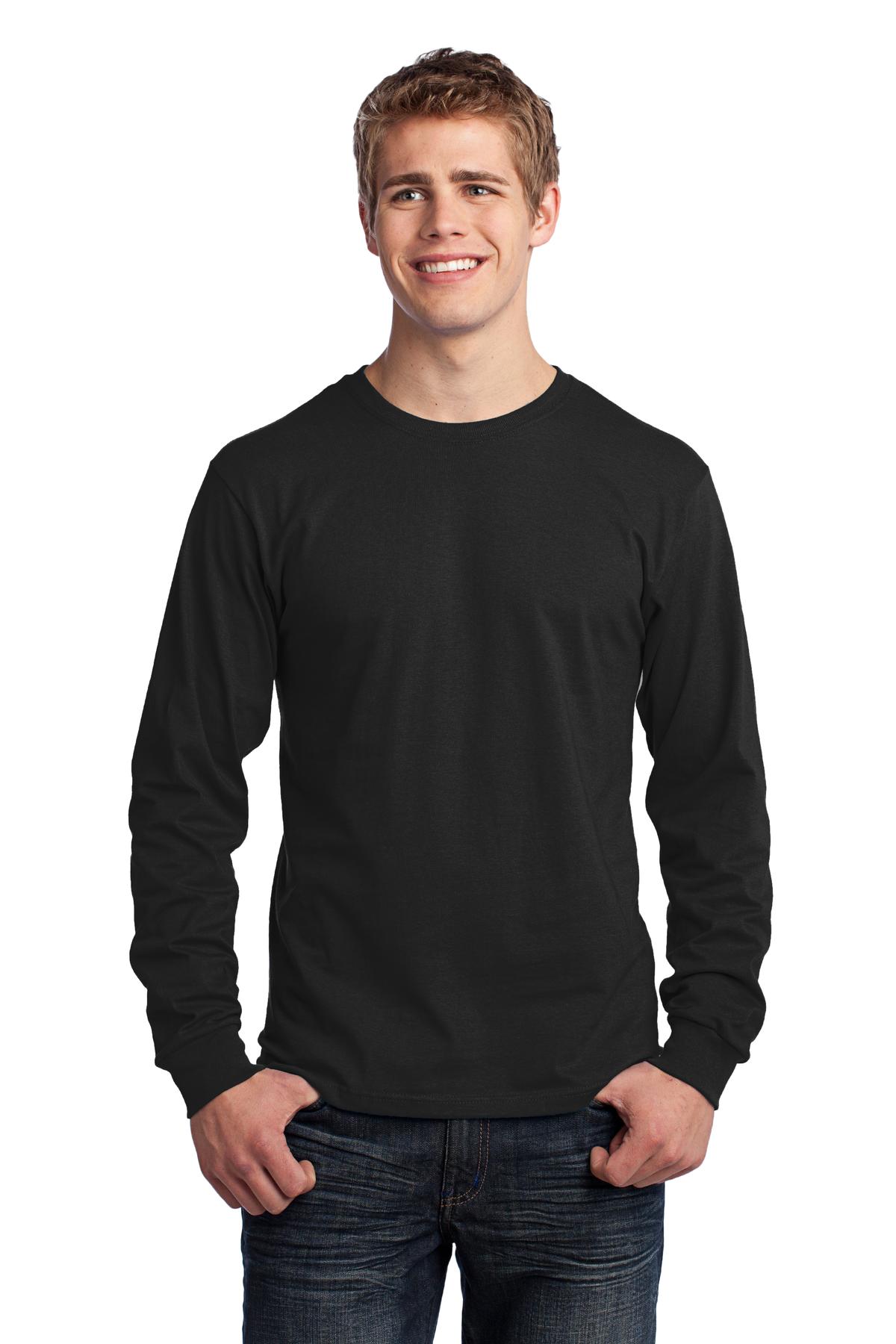 Front View of Jet Black Port & Co Long Sleeve Core Cotton Tee. PC54LS
