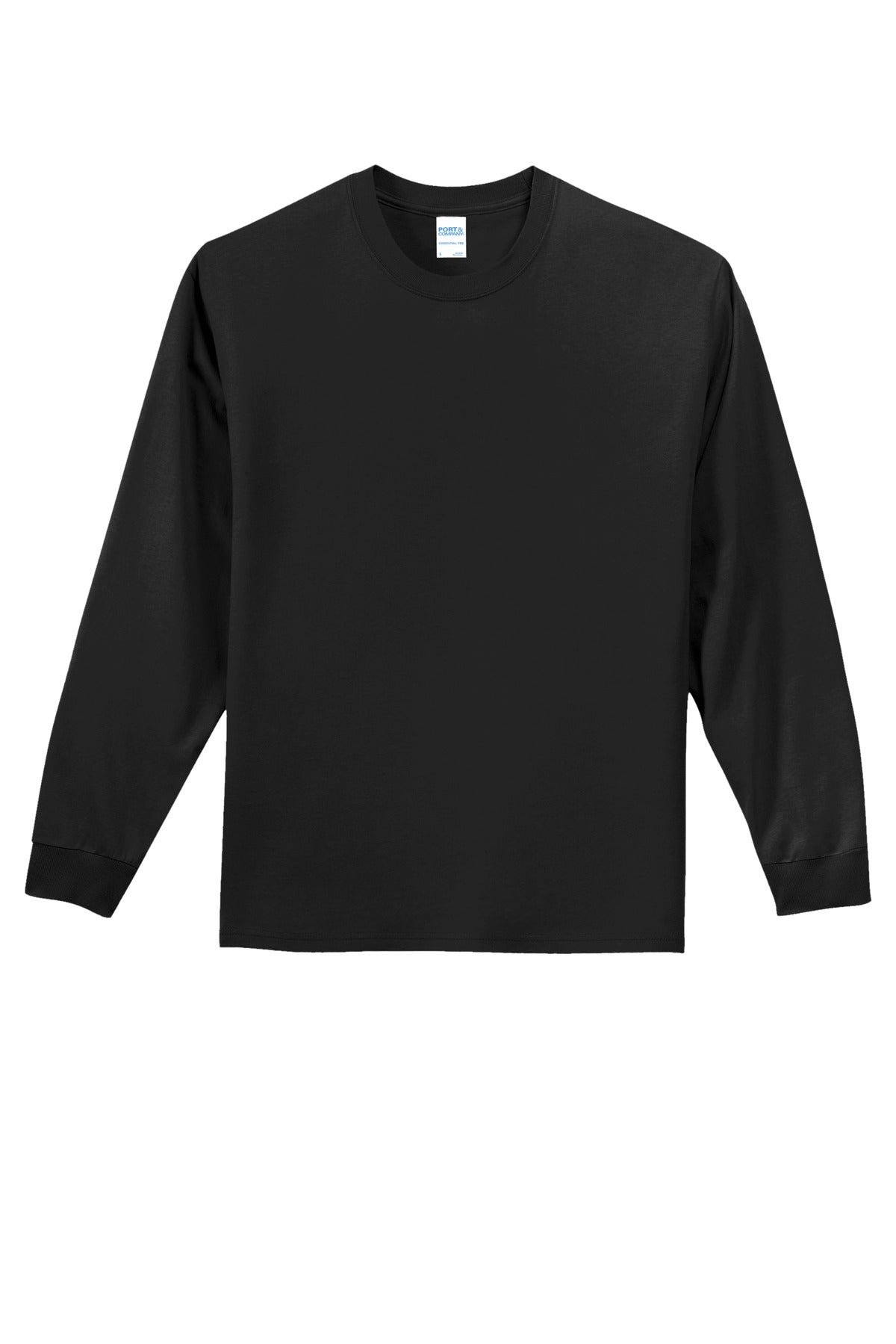 Front View of Jet Black Port & Co Long Sleeve Essential Tee. PC61LS