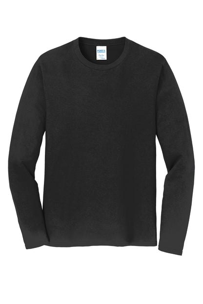 Front View of Jet Black Port & Co Long Sleeve Fan Favorite Tee. PC450LS