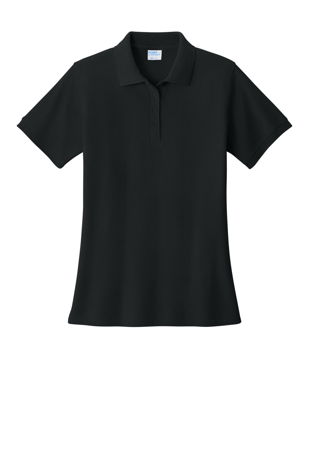 Front View of Jet Black Port & Co Women's Core Blend Pique Polo. LKP155
