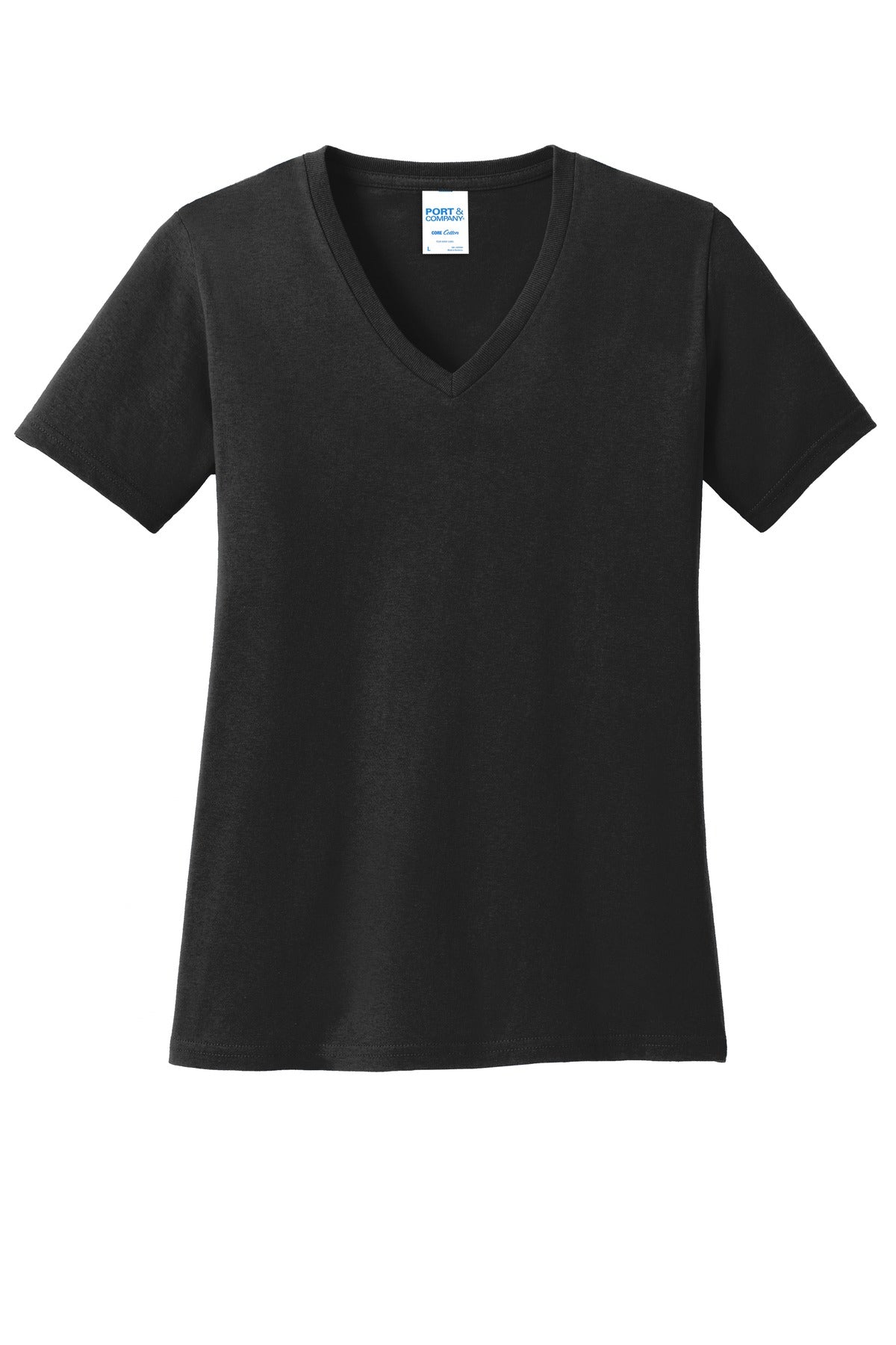 Front View of Jet Black Port & Co Women's Core Cotton V-Neck Tee. LPC54V