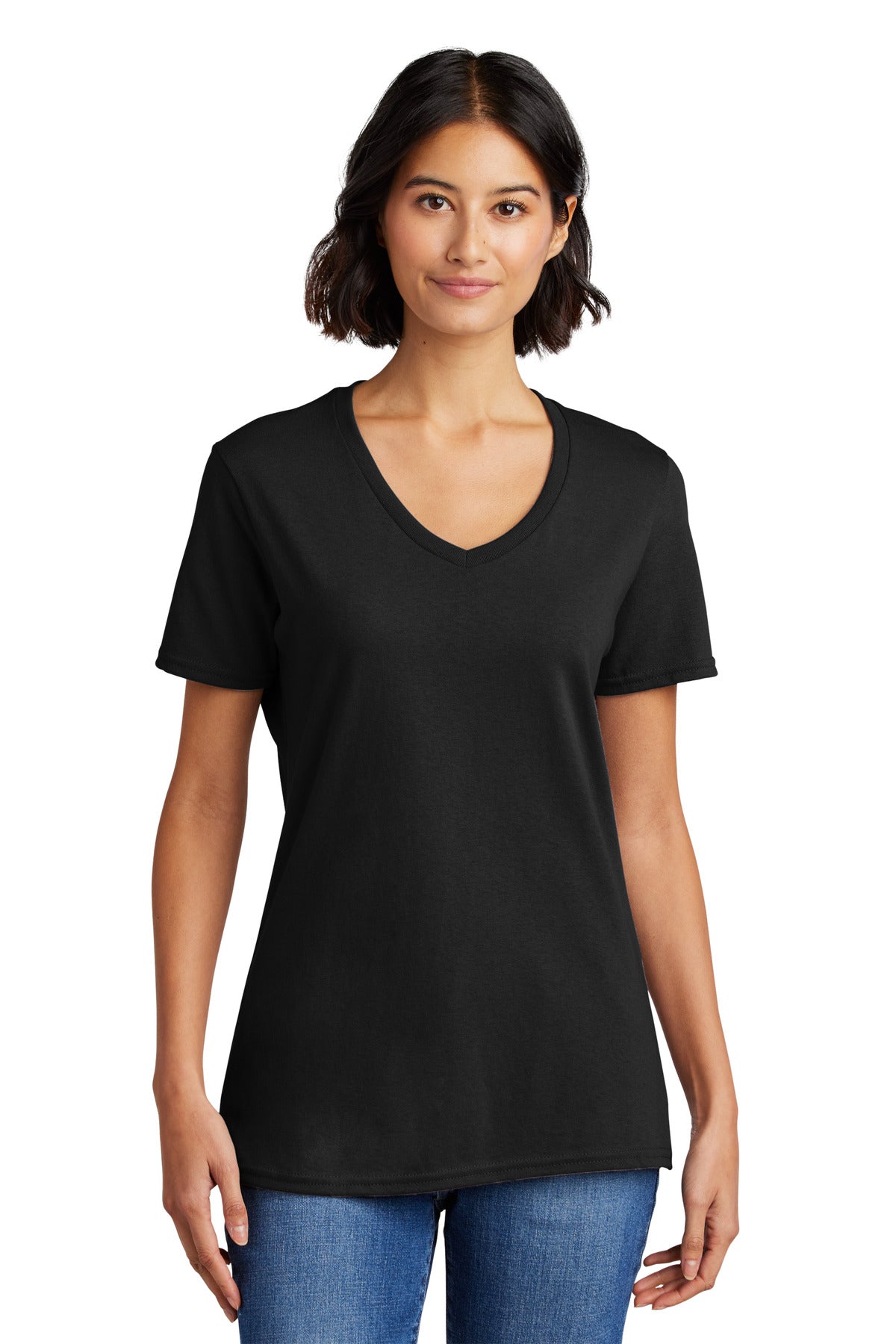 Front View of Jet Black Port & Co Women's Core Cotton V-Neck Tee. LPC54V