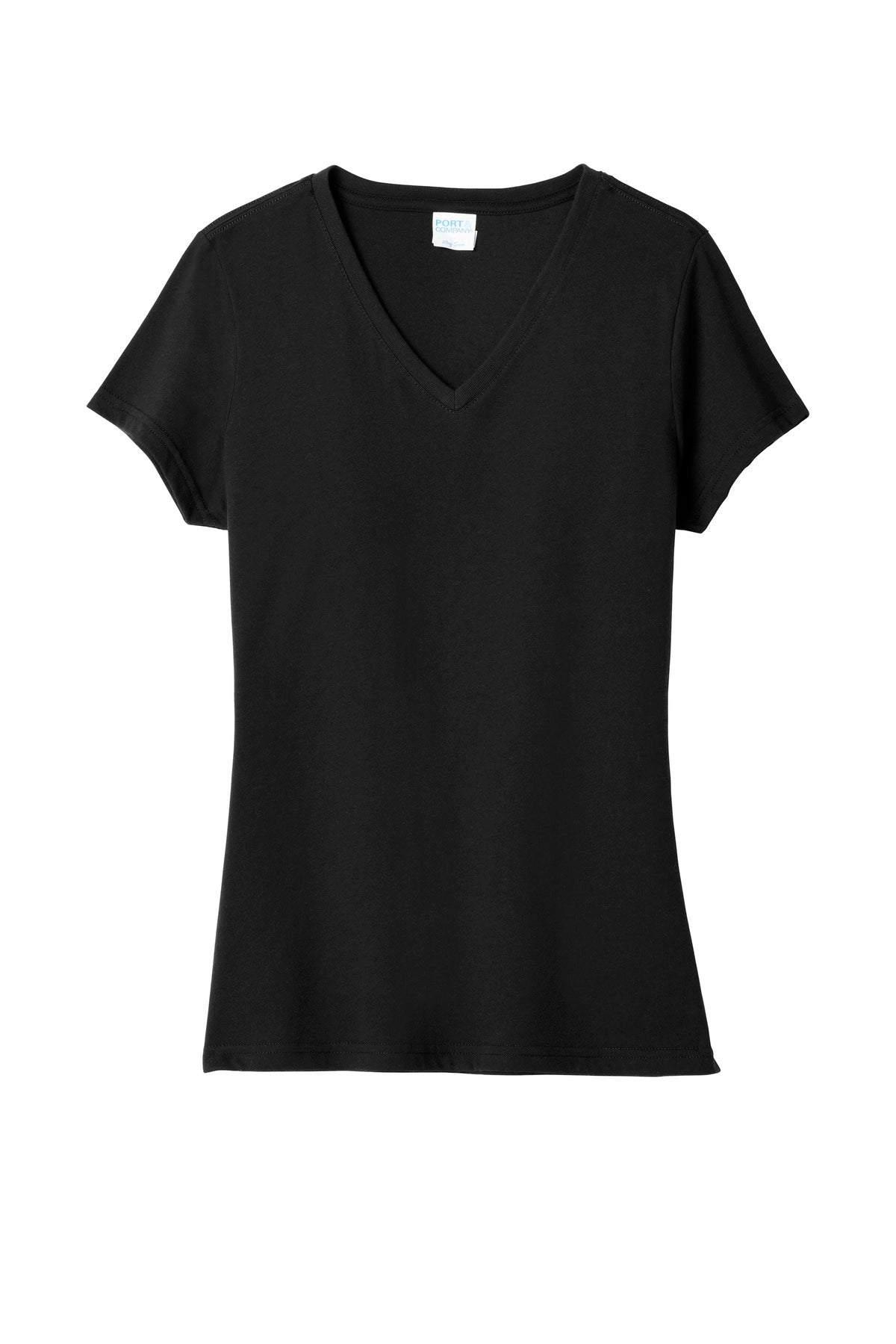 Front View of Jet Black Port & Co Women's Fan Favorite Blend V-Neck Tee. LPC455V